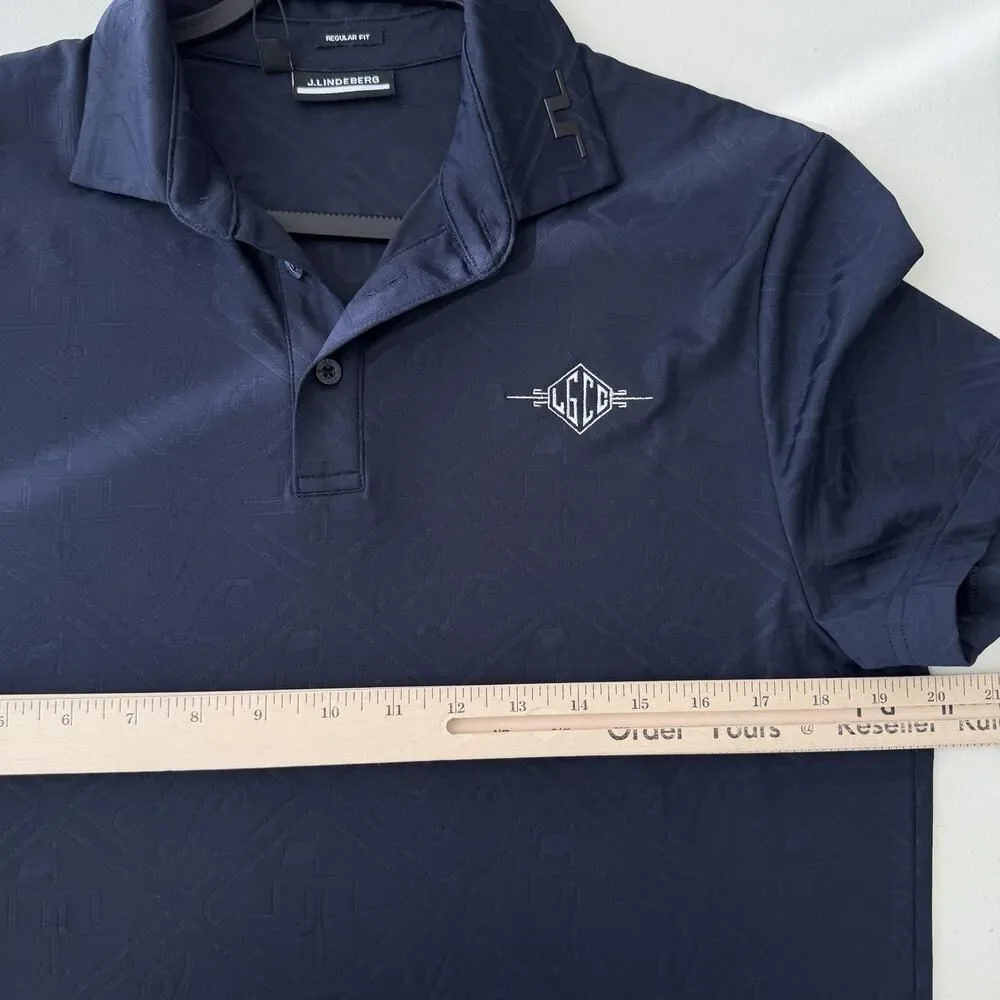 J.Lindeberg Polo Shirt Men Small JL Navy Jacquard Golf Performance La Gorce Club